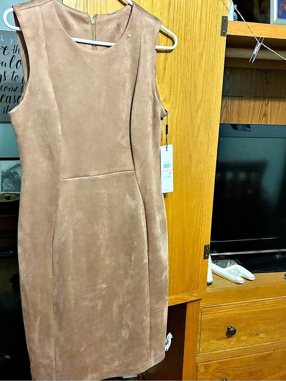 Calvin Klein Faux Suede Sleeveless Sheath Dress in Brown